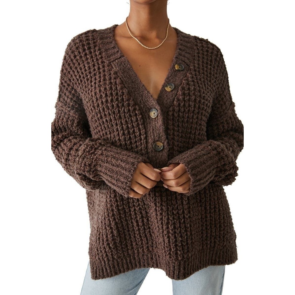 Free People Whistle Thermal Henley Longsleeve brown waffle knit sweater S